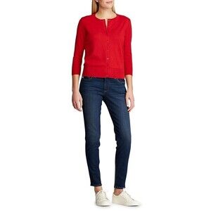Chaps Petite Cotton Crew Neck Icon Cardigan Red Size PXS